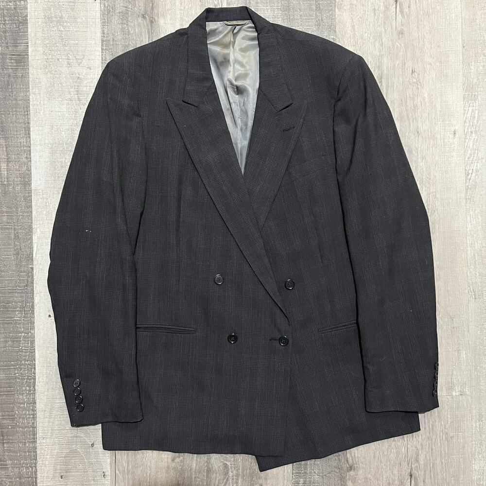 Christian Dior Double Breasted Wool Micro Check Black Plaid Blazer Jacket 44L